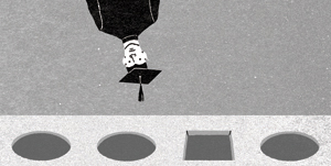 Giant hand trying to fit a graduate into the right-shaped hole: oval, square, triangular...
