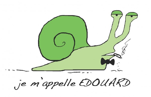 green snail with bow tie with French writing underneath