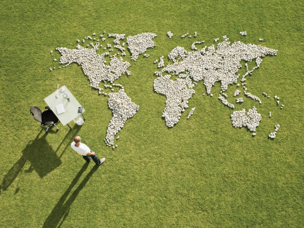 grass lawn with map of world on it