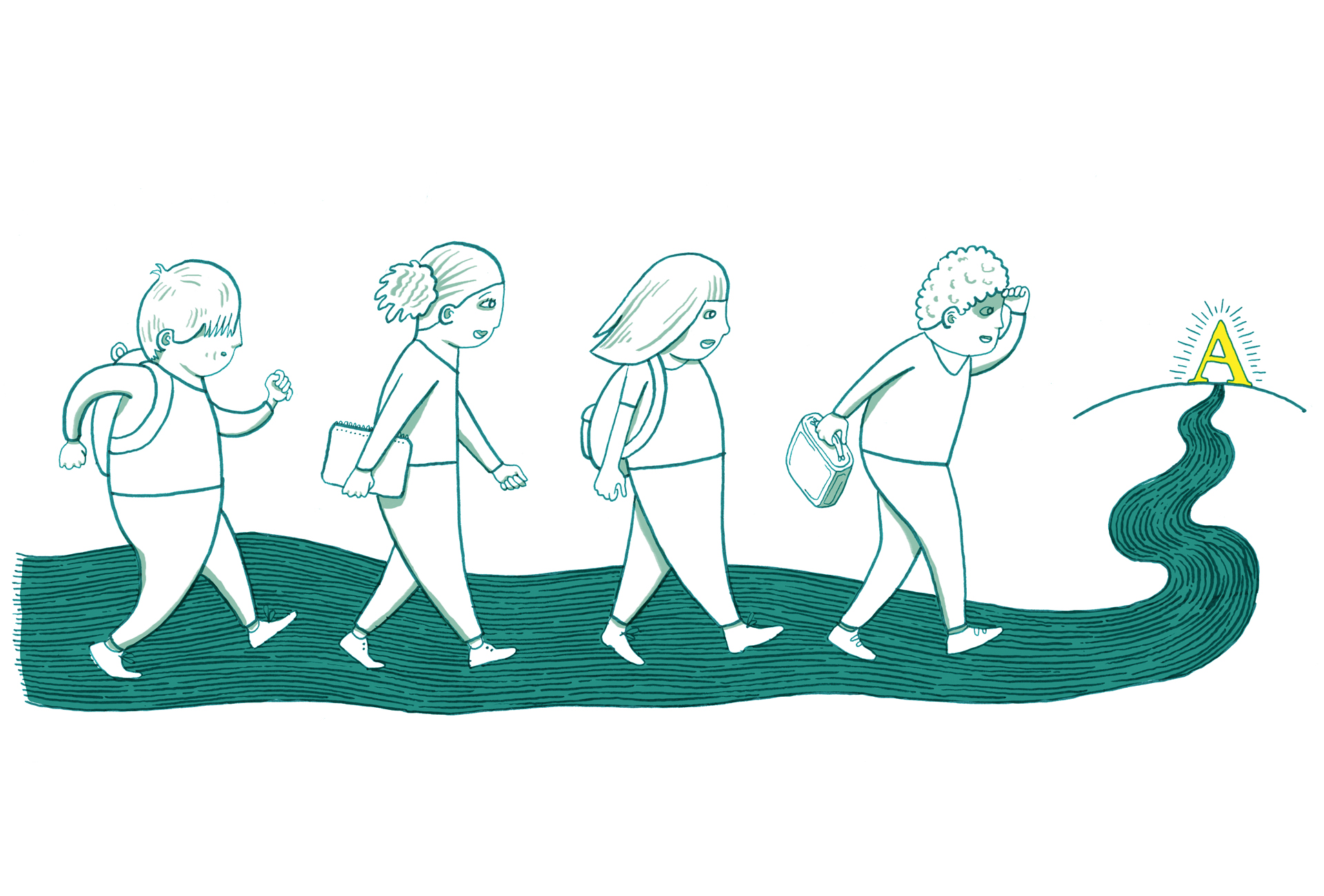Illustration of school children in search of a letter "A" on the horizon.
