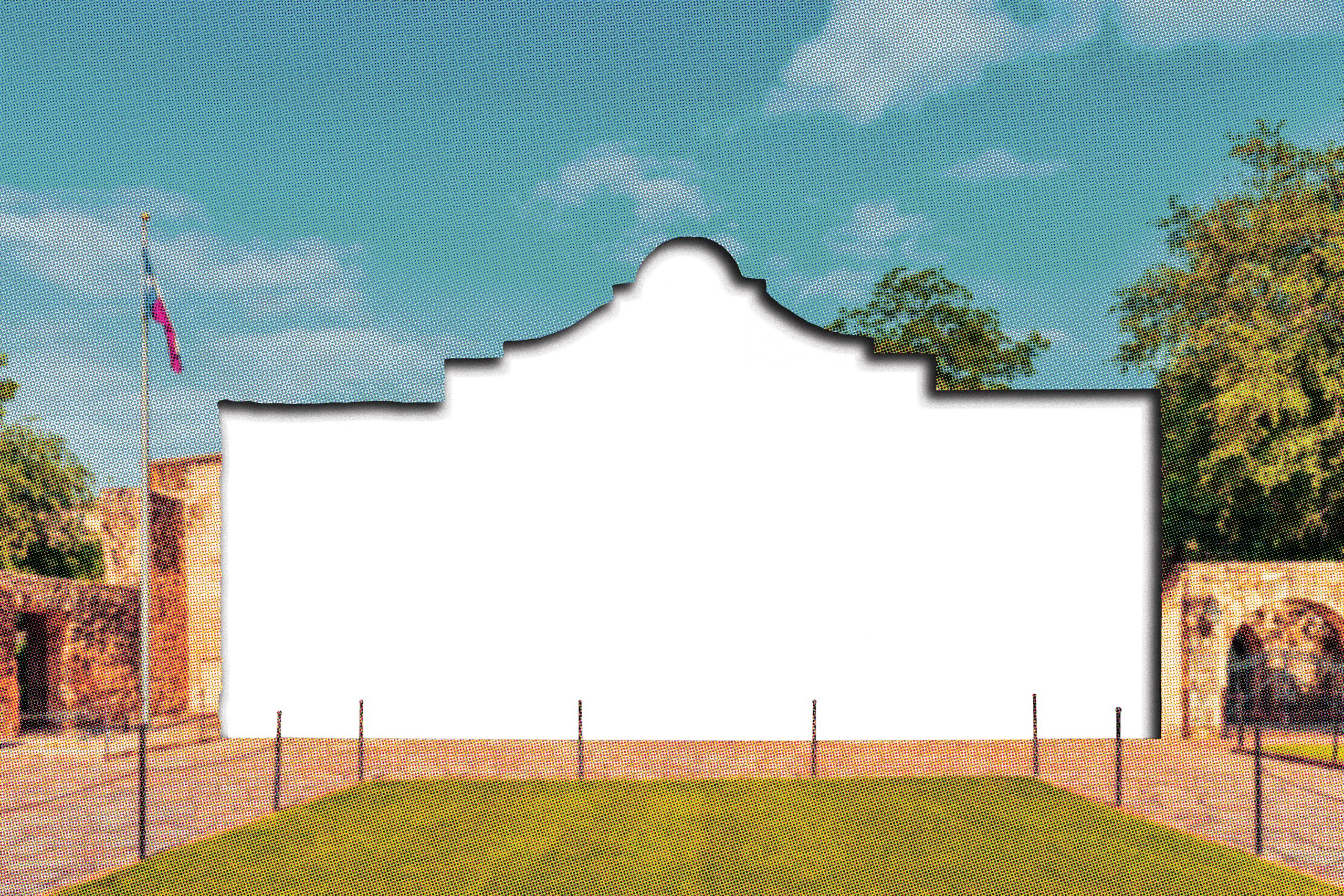 Stylized photo illustration of the front entrance of the Alamo with the Alamo being cut out of the photo.