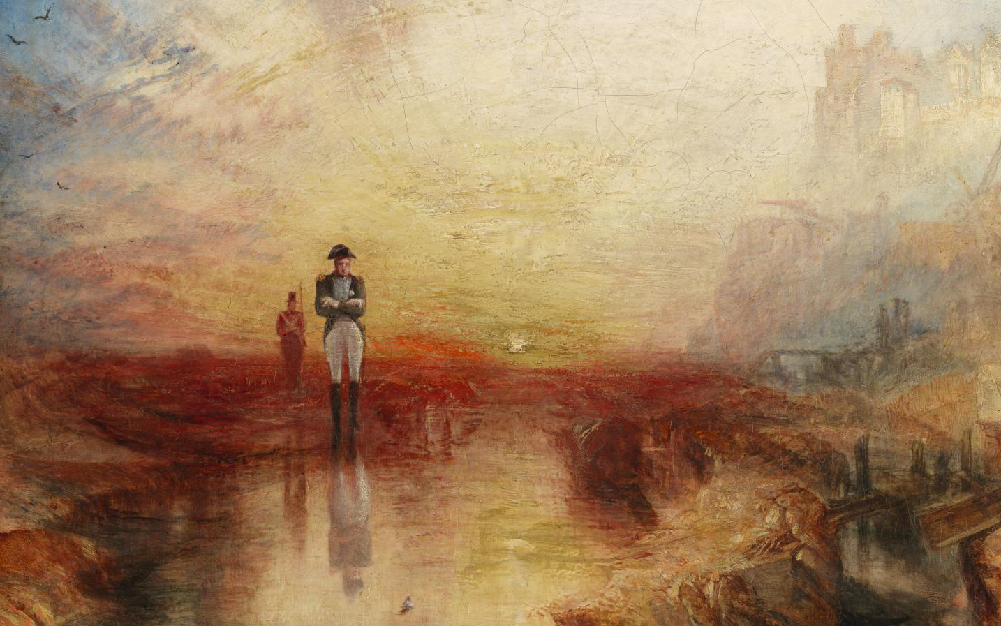 This scene shows French military leader Napoleon in exile on the island of St Helena. He had been sent there after being defeated by a British-led army in 1815 at the Battle of Waterloo. Napoleon died in St Helena in 1821. This work was painted in the year his ashes were returned to France. The image does not appear to celebrate or condemn Napoleon, but instead suggests the pointlessness of war. The isolated uniformed body appears out of place in its surroundings. The red background invokes the trauma of battle. In verses attached to the canvas, Turner refers to the sunset as a ‘sea of blood’.